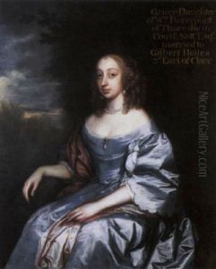 Portrait Of Grace Pierrepont, Countess Of Clare, In A Blue Silk Dress And Red Wrap, In A Landscape
