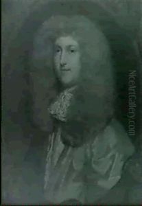 Portrait Of Edmund Lord Hobart, Bust Length, Wearing A      Gold Satin Cloak And A White Cravat, In A Painted Cartouche by Mary Beale