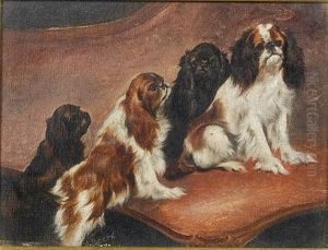 King Charles Spaniels In An Interior (+ Another, Oil On Panel; Pair) by James Henry Beard