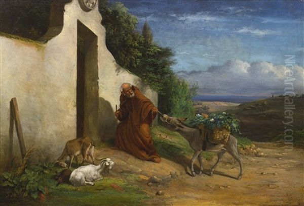 Monk Pulling Donkey Laden With Baskets Of Vegetables - view 1