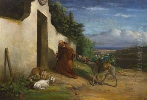 Monk Pulling Donkey Laden With Baskets Of Vegetables