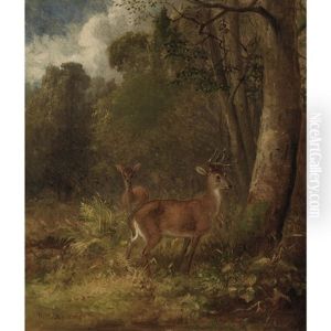 Young Stag And Doe In A Wooded Landscape by William Holbrook Beard