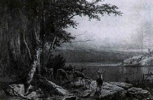 Deer By The Lake by William Holbrook Beard