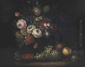 Roses, Tulips, Honeysuckle, Delphinium, Convolvulus In An Urn With Grapes, Peaches, Plums, Strawberries And A Butterfly by William Beardmore