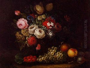 Roses, Tulips And Other Flowers In An Urn, With Fruits And A Butterfly