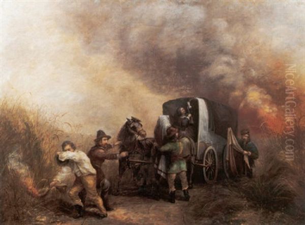 Covered Wagon On The Prairie On Fire - view 1
