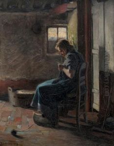 Portrait Of A Woman Knitting by John William Beatty