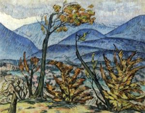 Feuillages Devant Des Montagnes Bleues