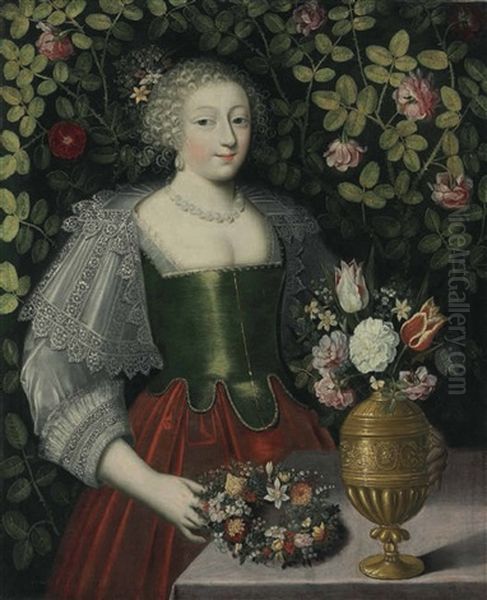 Portrait Of A Lady With A Floral Garland And A Vase Of Tulips, Roses And Other Flowers - view 1