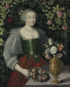 Portrait Of A Lady With A Floral Garland And A Vase Of Tulips, Roses And Other Flowers