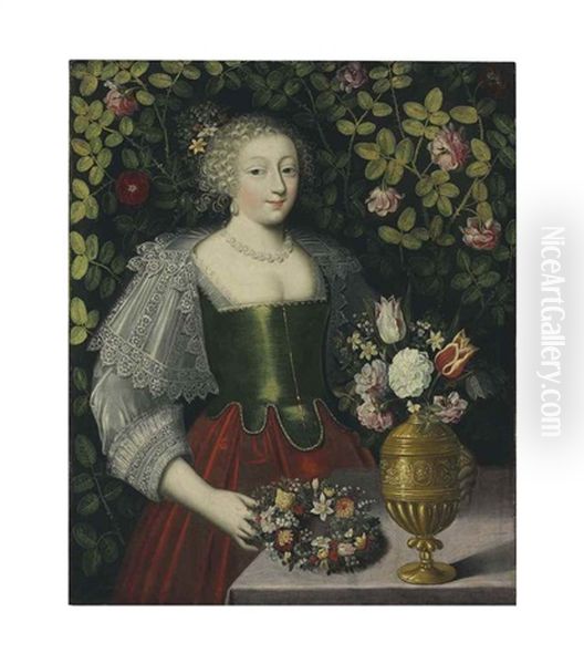 Portrait Of A Lady With A Floral Garland And A Vase Of Tulips, Roses And Other Flowers - view 1
