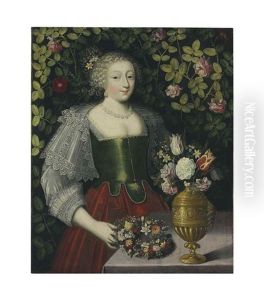 Portrait Of A Lady With A Floral Garland And A Vase Of Tulips, Roses And Other Flowers