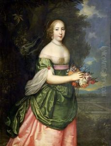 Portrait D'une Jeune Femme Tenant Un Bouquet De Fleurs by Charles Beaubrun