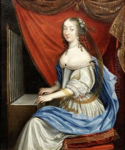 Portrait Of A Lady, As Saint Cecilia, Three-quarter-length, In A White Dress And A Blue Wrap, Playing An Organ by Charles Beaubrun