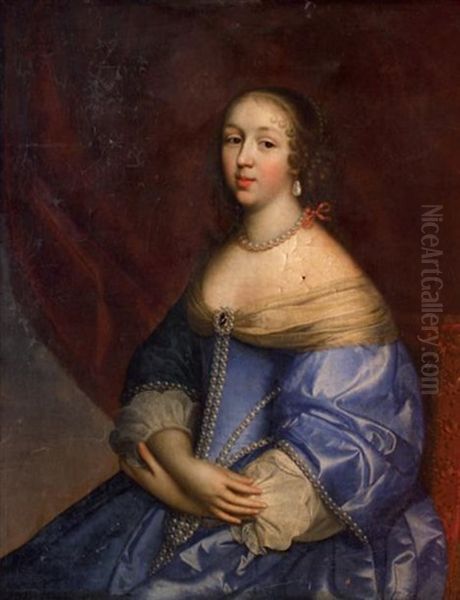 Portrait D'une Femme De Qualite En Robe Bleue, A Plusieurs Rangs De Perles, Assise Dans Un Fauteuil Garni De Tissu Rouge - view 1