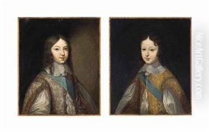Portrait Of A Boy, Half-length, In A Gold-embroidered White Doublet With Slashed Sleeves And A Blue Ribbon And Portrait Of A Boy, Half-length (pair) by Charles Beaubrun