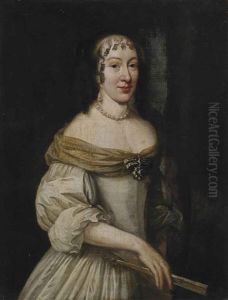 Portrait Of A Lady, Three-quarter-length, In A White Dress, A Fan In Her Right Hand, A Landscape Beyond