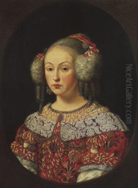Portrait Of A Lady, Wearing A Red Dress With An Embroidered Collar Decorated With Jewellery - view 1