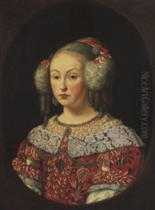 Portrait Of A Lady, Wearing A Red Dress With An Embroidered Collar Decorated With Jewellery