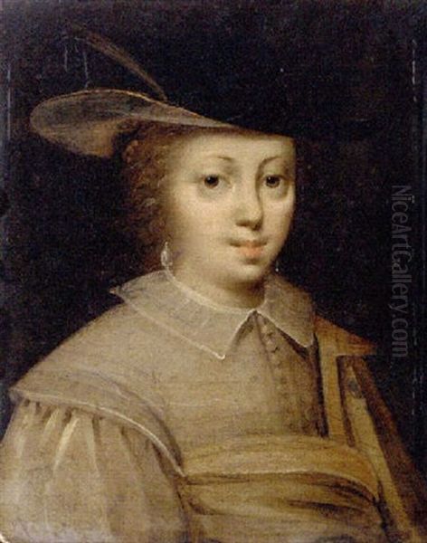 Portrait Of A Gentleman In A White Jacket And A Black Hat With A Feather - view 1