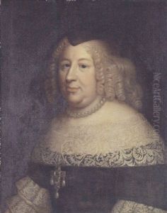 Portrait Of Anne Of Austria In A Black Dress With A White Lace Collar And Sleeves by Charles Beaubrun