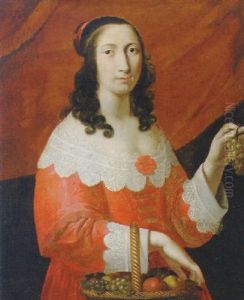 Portrait Of A Lady In A Red Dress With A Lace Collar And Cuffs, Holding A Basket Of Fruit And A Bunch Of Grapes by Charles Beaubrun