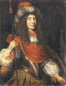 Portrait Of A Nobleman In Ceremonial Armor Holding A Spear And Wearing A Feathered Hat by Charles Beaubrun