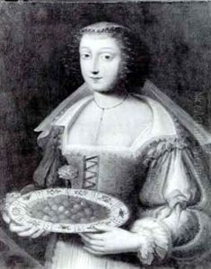 Portrait Of A Woman Holding A Blue And White Bowl Filled    With Fraises Du Bois And A Carnation