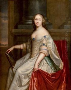 Portait D'une Dame De Qualite A La Robe De Satin Blanc Tenant Un Miroir Dans La Main Droite