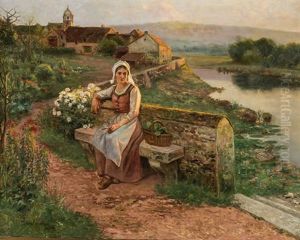 Woman Seated On A Bench Beside A Garden