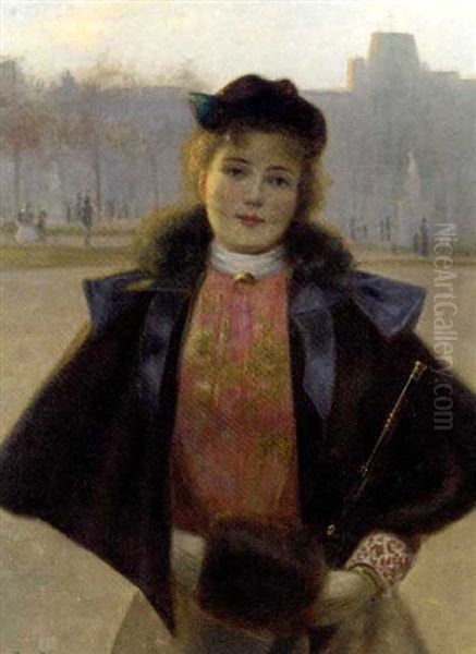 Portrait Of A Young Woman In A Winter Park With Fur Cape, Muff And Hat - view 1