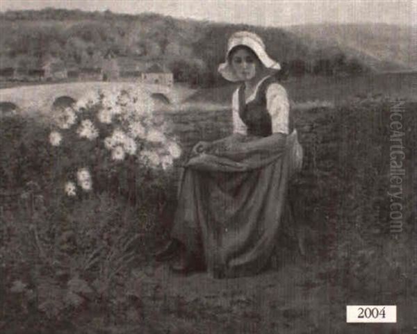 French Peasant Girl Seated By A Stone Fence - view 1