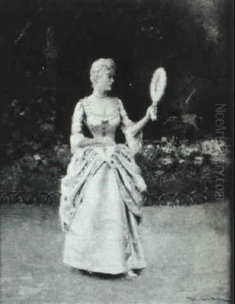 Elegant Lady In A Garden Peering Into A Mirror - view 1