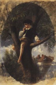 Jeune Garcon Perche Sun Un Arbre, Mangeant Des Cerises