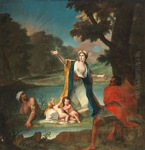 Classical Scene With A Woman Surrounded By Two Children At Her Feet, Two Astonished Men And Large Frogs At The Edge Of A Lake