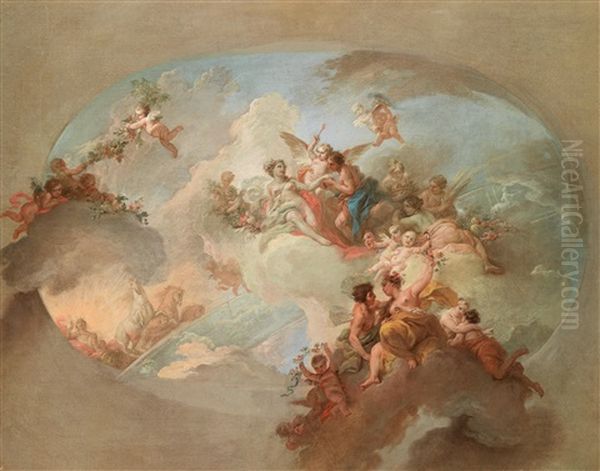 Eine Allegorie Des Sommers Mit Flora Und Zephyr, Mars Und Venus, Dem Sonnenwagen Apollos Und Dem Sternbild Der Zwillinge (bozzetto For A Ceiling Painting) - view 1