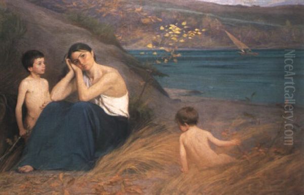 Sinnende Frau Und Zwei Kinder Am Strand - view 1