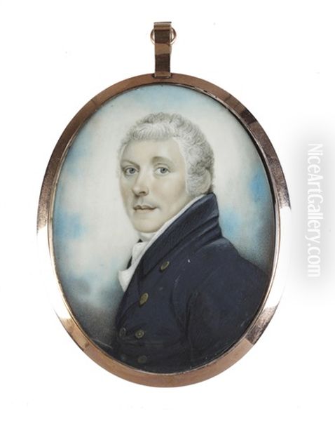 A Gentleman, Wearing Blue Double-breasted Coat, White Waistcoat, Frilled Chemise And Stock, His Hair Cropped And Powdered - view 1
