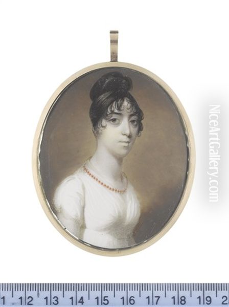 A Lady, Wearing White Dress And Fichu, Coral Necklace, Her Dark Hair Curled And Upswept High On Top Of Her Head - view 1