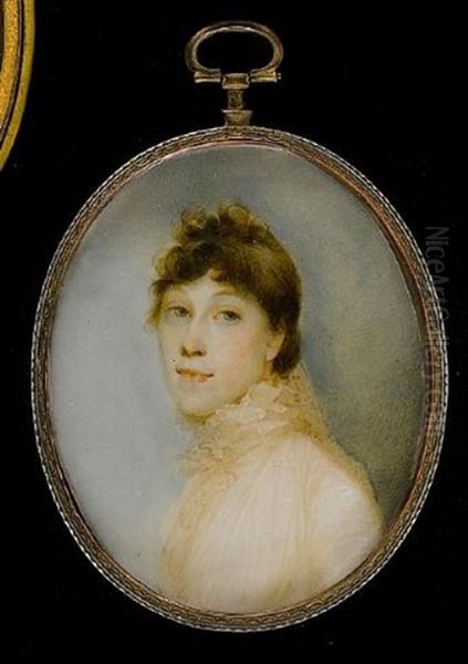 A Lady, Wearing White Dress With High Ruffled Collar, Her Brown Hair Worn Short - view 1