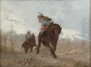 Several French Soldiers On Horseback In Pursuit by Wilfrid Constant Beauquesne
