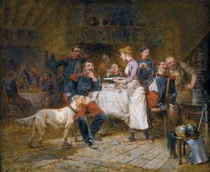 Frohliche Wirtshausszene Mit Zechenden Soldaten by Wilfrid Constant Beauquesne