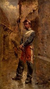 Portrait En Pied D'un Hussard De L'epoque Du Second Empire, Tenant Son Sabre by Wilfrid Constant Beauquesne
