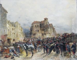 Army Advancing Through A Ruined Town by Wilfrid Constant Beauquesne