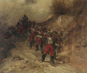 An Infantry Troop On A Mountain Path With An Officer Signaling In The Foreground