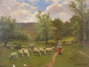 Maid Feeding Sheep In Pasture by Charles Grant Beauregard