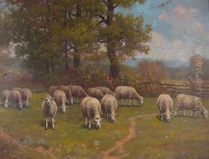 Sheep Grazing In A Pasture In Summer by Charles Grant Beauregard