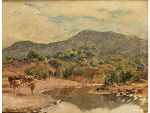 Flusslandschaft Mit Schafen Und Gebirge Flusslandschaft Mit Schafen Und Gebirge