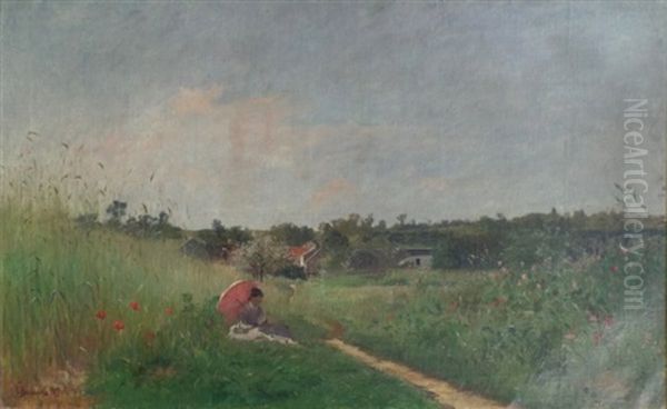 Le Sentier De Cordville (jeune Femme A L'ombrelle Lisant Dans Un Paysage De Coquelicots Sur Fond De Fermes) - view 1