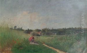 Le Sentier De Cordville (jeune Femme A L'ombrelle Lisant Dans Un Paysage De Coquelicots Sur Fond De Fermes)
